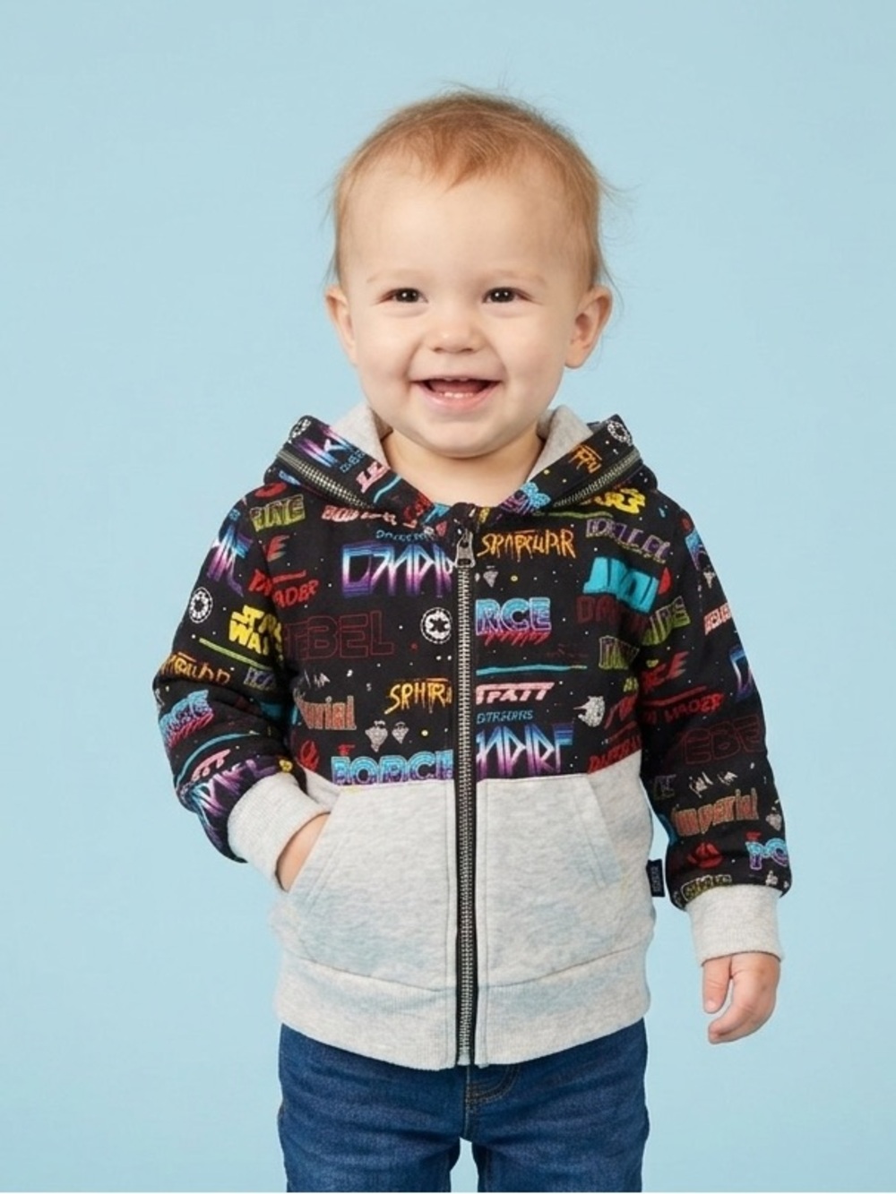 ❄️Star Wars Black Multicolor Graphic Zip Hoodie with Gray Pocket